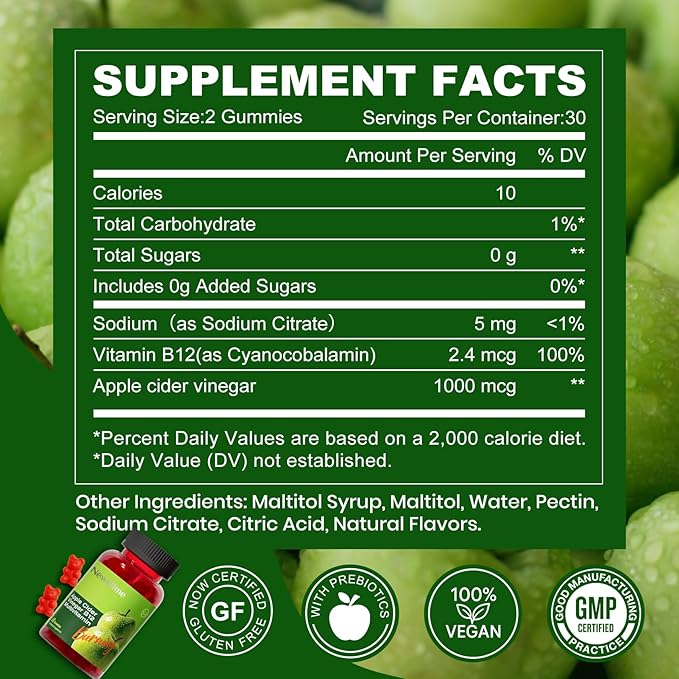 NEWELLME Sugar-Free Apple Cider Vinegar Gummies B12 Multivitamin,ACV Supplement Gummy Vitamins,Vegetarian Supplement for Women & Men,Non GMO,Support Normal Energy Levels & Gut Health 120 Gummies