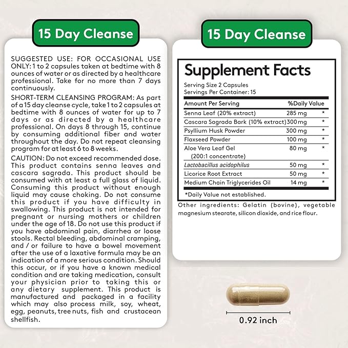 Youth & Tonic 15 Day Cleanse – Colon & Gut Cleanse Detox Reset for Plateaus, Belly Bloating & Regularity, Digestive Health – for Women & Men, 30 Pills