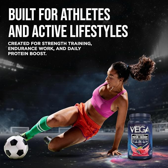 Vega Sport Vegan Protein Powder + Recovery - 30g Plant Based Protein per Serving, Berry, 19 Servings, 5g BCAAs, Probiotics, NSF Certified, for Shakes & Smoothies, 1.8lbs (Packaging May Vary)