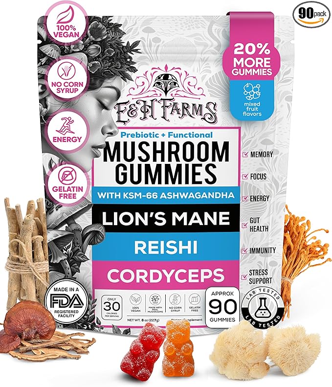 E&H Farms Sleep Mushroom Gummies for Focus & Energy - Prebiotic & Functional Mushrooms with Lion's Mane, Reishi, Cordyceps & Ashwagandha - Low Calorie Daily Vegan Supplement Gummies - 90 Mixed Flavor