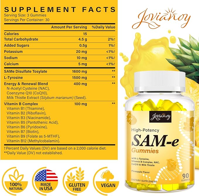 Jovianoy SAM-e Gummies with L-Tyrosine, Vitamin B Complex & NAC, CoQ10, High-Potency SAM-e Supplement - Pineapple Flavor, for Mood, Joint, Cognitive & Liver Detox, Vegan Friendly, 180 Gummies