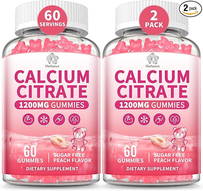 Calcium Citrate Gummies 1200 mg for Adults, High Absorption Calcium Supplement for Women & Men, Sugar Free, Non-GMO, Gluten Free, Supports Muscle & Immune - Natural Peach Flavor