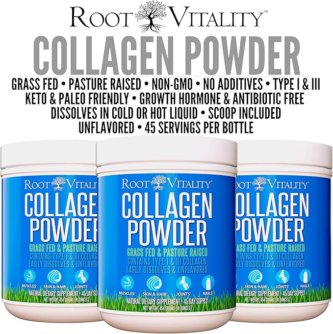 Root Vitality Collagen Peptides Powder - Grass-Fed, Pasture-Raised Hydrolyzed Protein Supplement for Skin, Hair, & Nails - Non-GMO, Zero Sugar Daily Supplement for Men & Women (45 Servings)