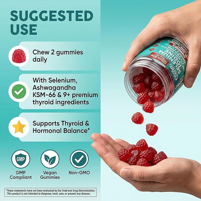 ThyroGlow Thyroid Support Gummies Selenium Iodine KSM 66 Ashwagandha L Tyrosine Vitamin D, C, B12, B6 Turmeric Blueberry Holy Basil Folate Bladderwrack By Clean Nutra