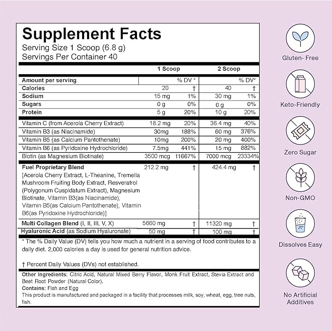 Fuel Multi Collagen Peptides Powder – 11g Hydrolyzed Collagen Types I, II, III, V & X – Hair, Skin, Nails & Joint Support – Keto & Gluten Free – Mixed Berry – 40 Servings (9.59oz)