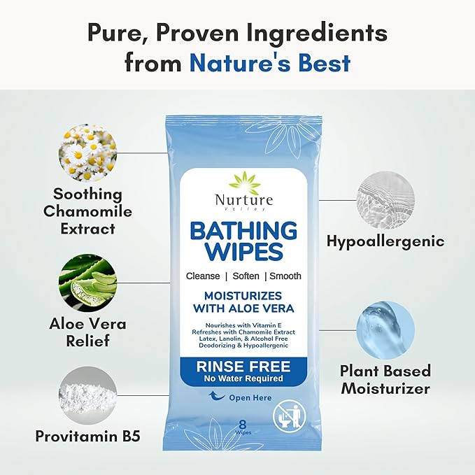 Nurture Rinse Free Bathing Wipes for Adults w/Aloe | Waterless Cleansing for Sensitive Skin | Disposable Adult Body Bath Wet Wipe for Disabled, Bedridden | 192 wipes