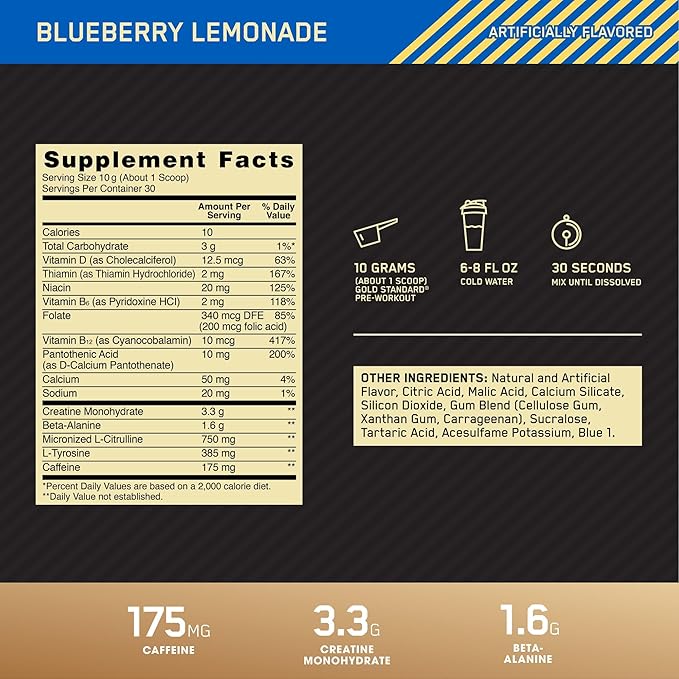 Optimum Nutrition Gold Standard Pre-Workout, Vitamin D for Immune Support, with Creatine, Beta-Alanine, and Caffeine for Energy, Keto Friendly, Blueberry Lemonade, 30 Servings, (Pack of 2)