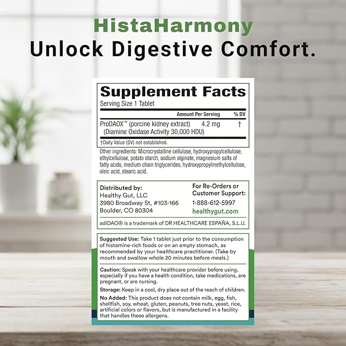 Healthy Gut HistaHarmony | Delayed Release DAO Enzyme Supplement | 30,000 HDU Diamine Oxidase Histamine Blocker | 60 Servings