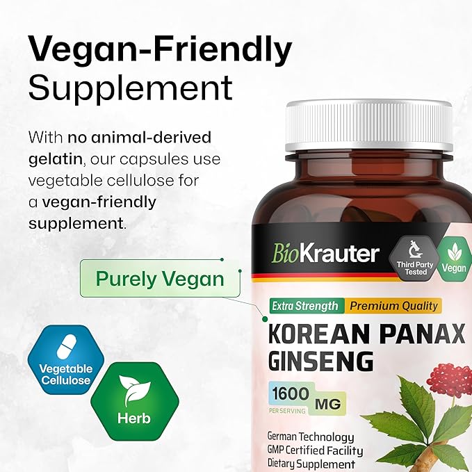 BIO KRAUTER® Ginseng Supplement for Energy, Focus, Performance & Immune Support - Pure Vegan Korean Red Ginseng 1600 mg per Serving - 100 Сapsules, 50-Day Supply, Non-GMO Herbal Supplement