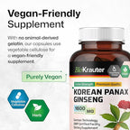BIO KRAUTER® Ginseng Supplement for Energy, Focus, Performance & Immune Support - Pure Vegan Korean Red Ginseng 1600 mg per Serving - 100 Сapsules, 50-Day Supply, Non-GMO Herbal Supplement