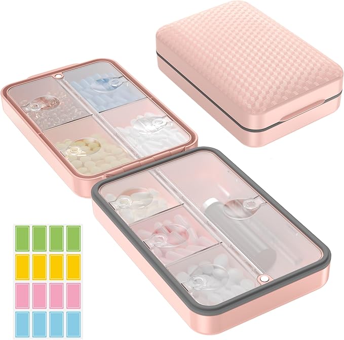 Restree Weekly Pill Organizer 8 Compartment, [Triple Seal Magnetic Lock] Travel Pill Case with Labels & Inner Lid, Moisture Proof for Vitamins, Fish Oil, Supplements, Daily Meds – 7+1 Large (Pink)