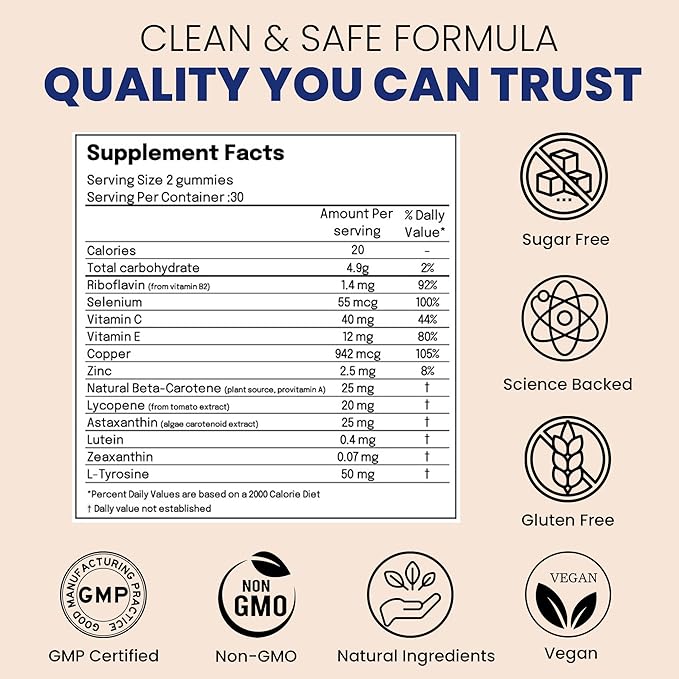 Triple Action Tanning Gummies - Full Spectrum Formula with Astaxanthin, Beta Carotene, Lycopene, Lutein & Zeaxanthin for Skin Radiance, Vitality, Hydration and Defence - Sugar Free (60 Count)