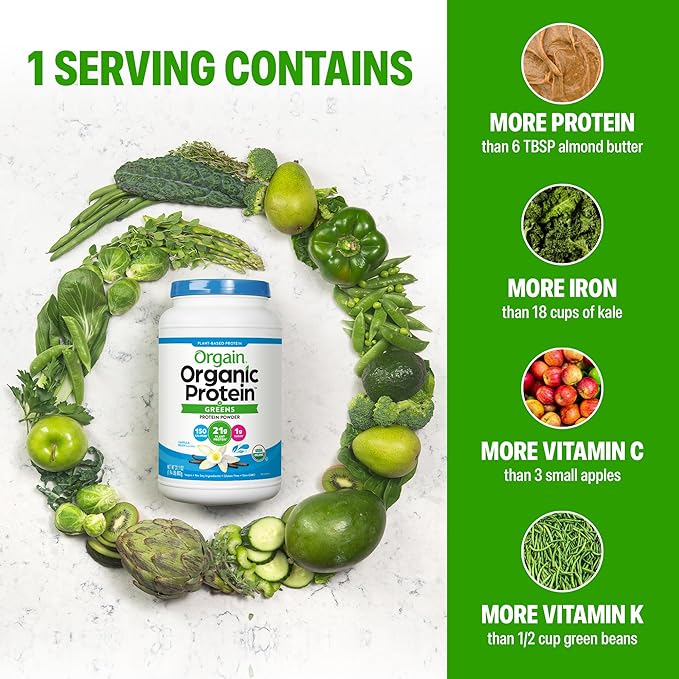 Orgain Organic Vegan Protein Powder + Greens, Vanilla Bean - 21g Plant Based Protein, Gluten Free, Dairy Free, Lactose Free, Soy Free, No Sugar Added, With Iron & Prebiotics for Gut Health - 1.94lb