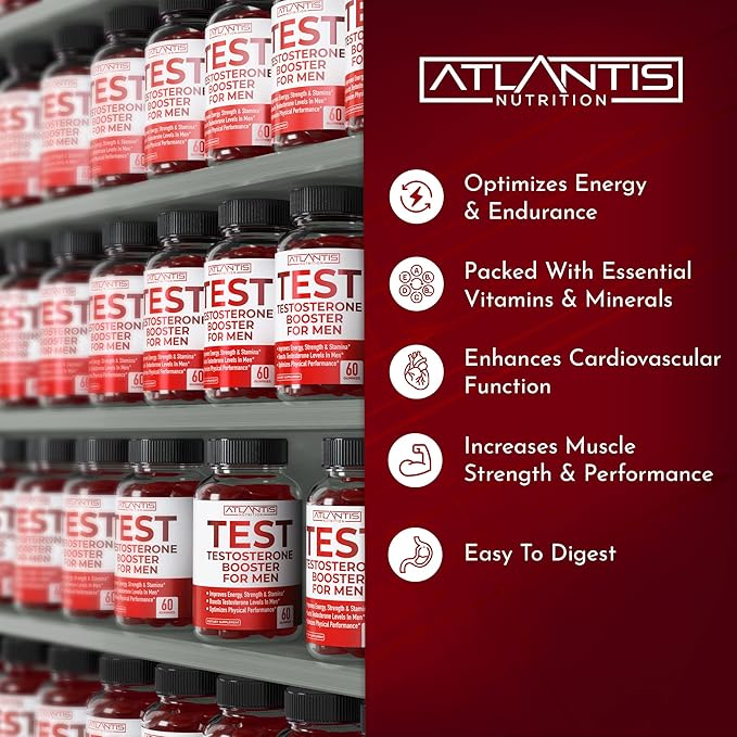 Atlantis Nutrition Testosterone Booster Gummies for Men - Enhances Strength & Stamina - Optimizes Performance & Male Enhancement - Tribulus, Goat Weed Extract, Maca Root Extract | 60 Gummies