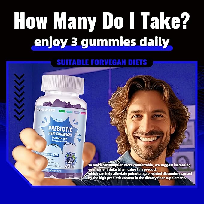 Prebiotic Fiber Gummies for Adults, 7G Extra Strength, Zero Sugar Added, 90 Pectin Based Gummies, Digestive Health & Regularity Support-Blueberry