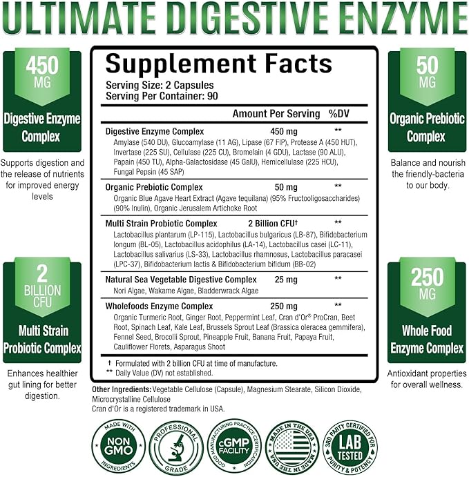 Purely Optimal Digestive Enzymes for Women and Men – Multi-Enzyme Supplement for Bloating Relief, Digestion and Heavy Meal Support – with Probiotics and Prebiotics for Gut Health – 180 Capsules