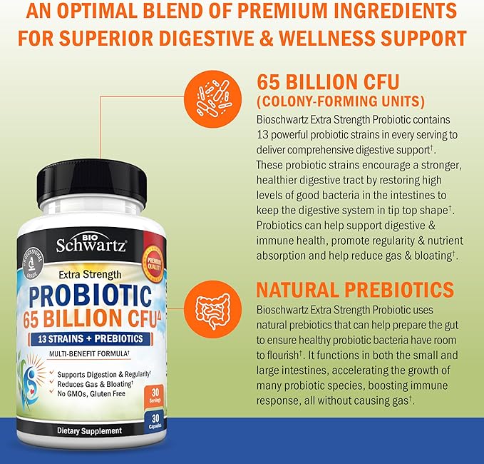 Probiotic 65 Billion - Probiotics with Prebiotic for Women & Men - Lactobacillus Acidophilus Digestive Health Capsules - Targeted Release Technology - Shelf Stable Supplement Non-GMO Dairy Free-30ct