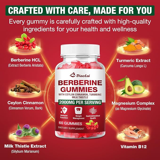 Berberine Gummies 2000mg - Natural Organic Berberine HCL Supplement - Vegan, Non-GMO, Gluten-Free - Delicious Raspberry Flavor - 60 Count