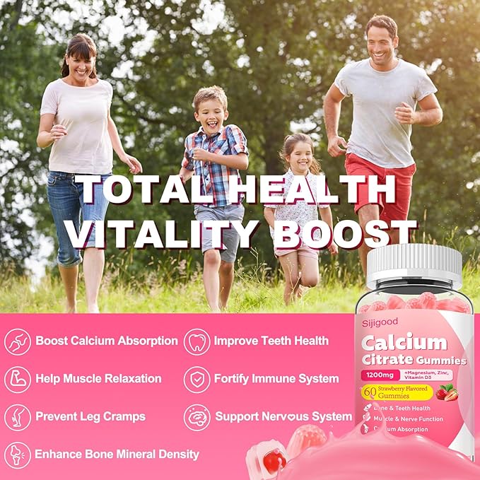 Calcium Citrate Gummies, Calcium Supplements for Women & Men, High Absorption Calcium Gummies with Vitamin D3, Magnesium & Zinc for Muscle, Bone & Immune Support, Strawberry Flavor, 60 Count
