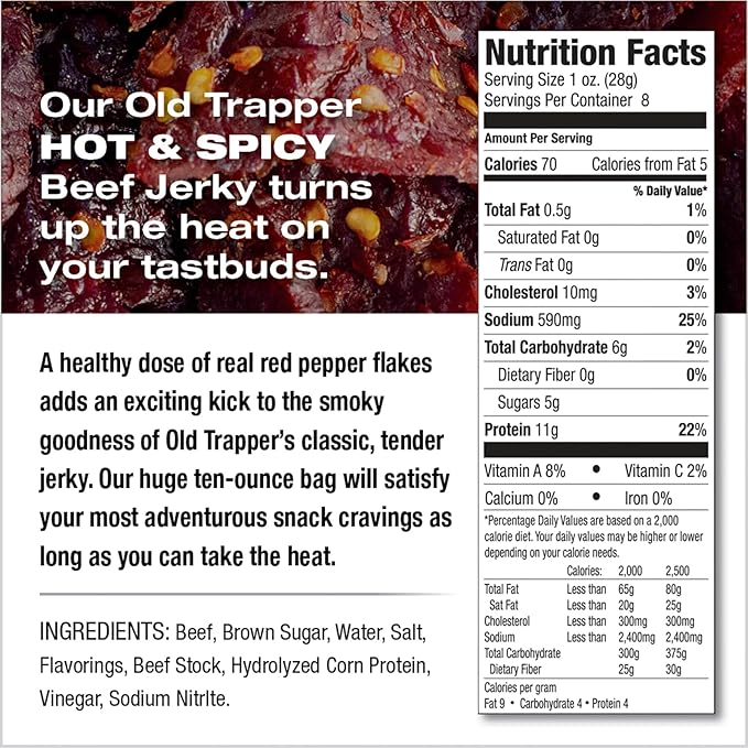 Old Trapper Beef Jerky, Hot & Spicy 8 Ounce Individual Pack, Tender and Spicy Meat Snacks for Lunches or Between Meals, 11 Grams of Protein and 70 Calories per Serving (Pack of One)