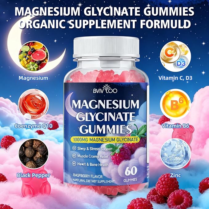 Magnesium Glycinate Gummies 1000mg with L-Threonate, Vitamin D, B6 & CoQ10 - Supports Memory, Calm & Mood - Sugar-Free Raspberry Flavor - 60 Count