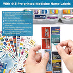3 Pack 14 Grids Travel Pill Organizer Box with 415-Pcs Medicine Name Labels - Pocket Daily Pharmacy Case Container Kit - Travel Medication Holder Dispenser for Fish Oil Vitamin, Khaki+Grey+Sky Blue