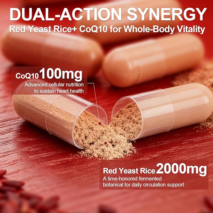 Red Yeast Rice 2000mg with CoQ10 100mg - Citrinin Free Heart Health Supplement with Citrus Bergamot & Hawthorn - Supports Healthy Cholesterol Levels - Vegan, Non-GMO Capsules 120 Counts