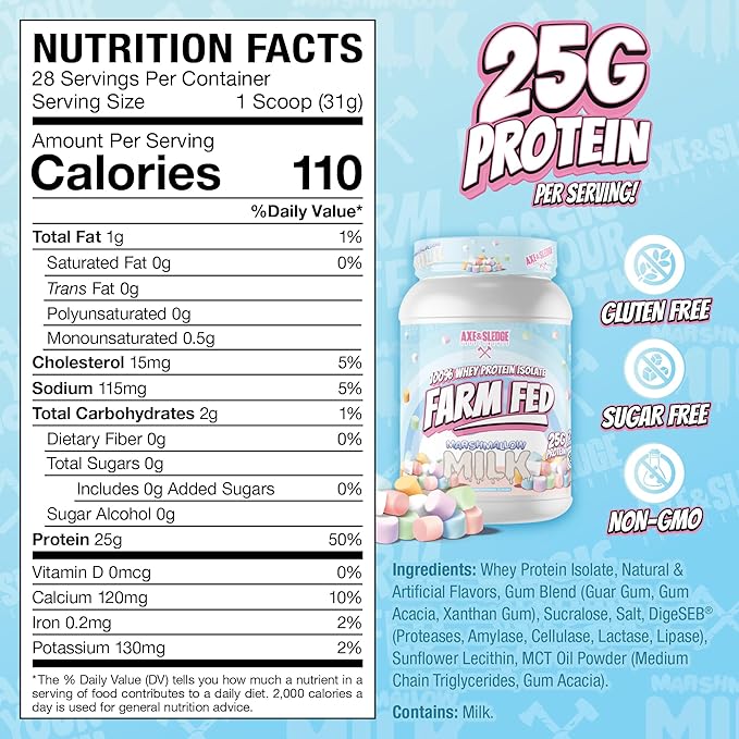 Axe & Sledge Farm Fed 100% Whey Protein Isolate | 25g Protein | Low Carb, Low Sugar, Soy Free, Gluten Free | Protein Powder for Men and Women | Keto | Made in the USA | 28 Servings, Marshmallow Milk
