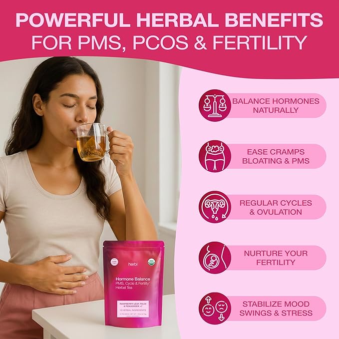 Organic Hormone Balance Tea for Women – Raspberry Leaf Tea with Fenugreek, Tulsi & Black Cohosh – Herbal Hormone Balance tea for PMS (Cramps, Mood, Bloating), Menstrual Cycle & Perimenopause Support