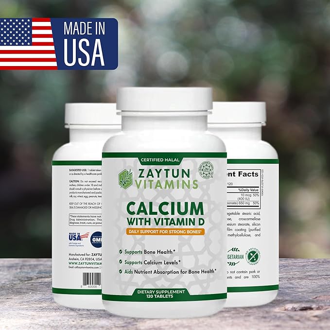 Zaytun Halal Calcium + Vitamin D3 for Bone Health, Boosts Calcium Absorption, 1 Per Day, Made in USA, Vegetarian, Halal Certified, 4 Month Supply