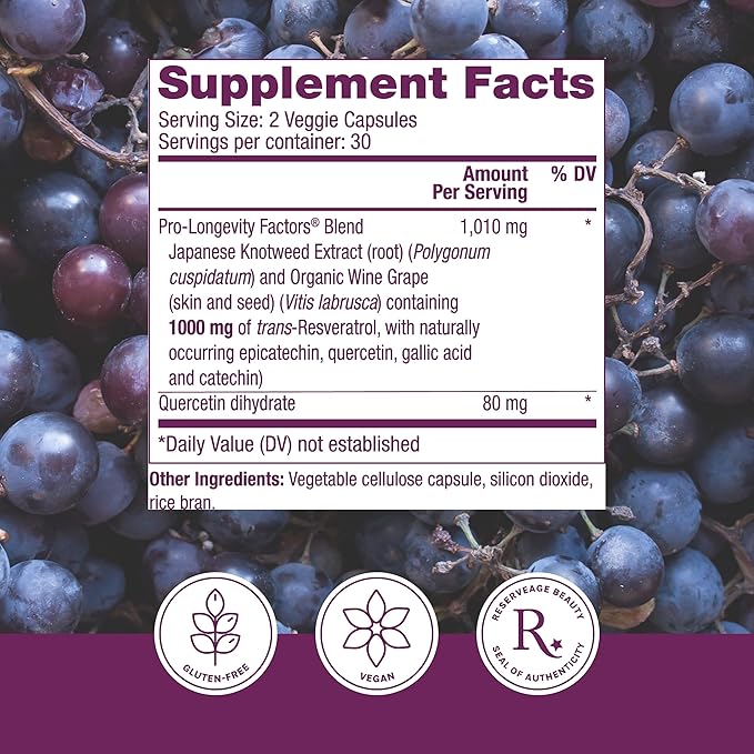 Reserveage Beauty, Resveratrol 1000 mg, Antioxidant Supplement for Heart Health and Immune Support, Supports Healthy Aging and Immune System, Paleo, Keto, 60 Capsules