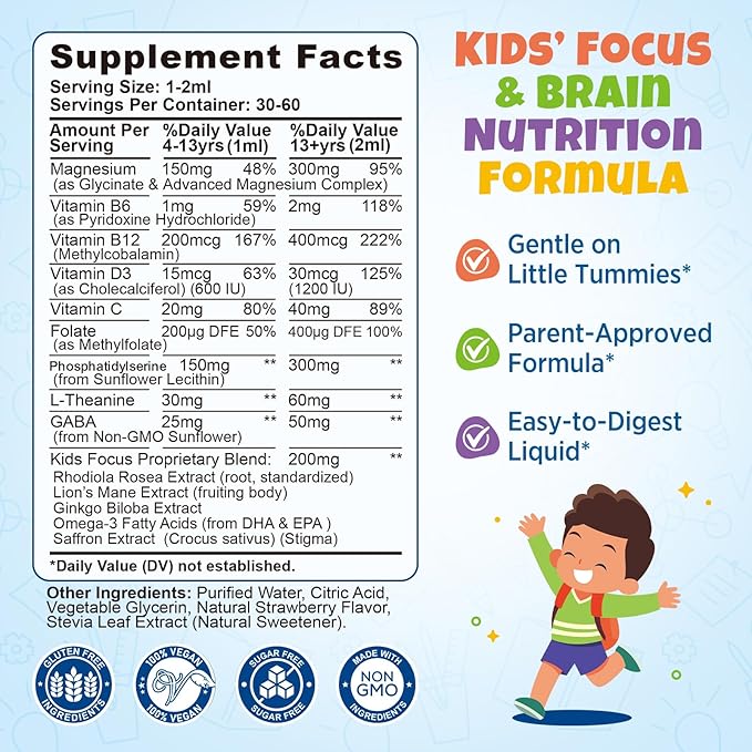 Kids Focus and Attention Supplements with Phosphatidylserine, L-Theanine, Omega-3 & Magnesium Glycinate - Kids Brain Vitamins Liquid Drops - Supports Concentration, Memory, Sleep & Mood, Strawberry