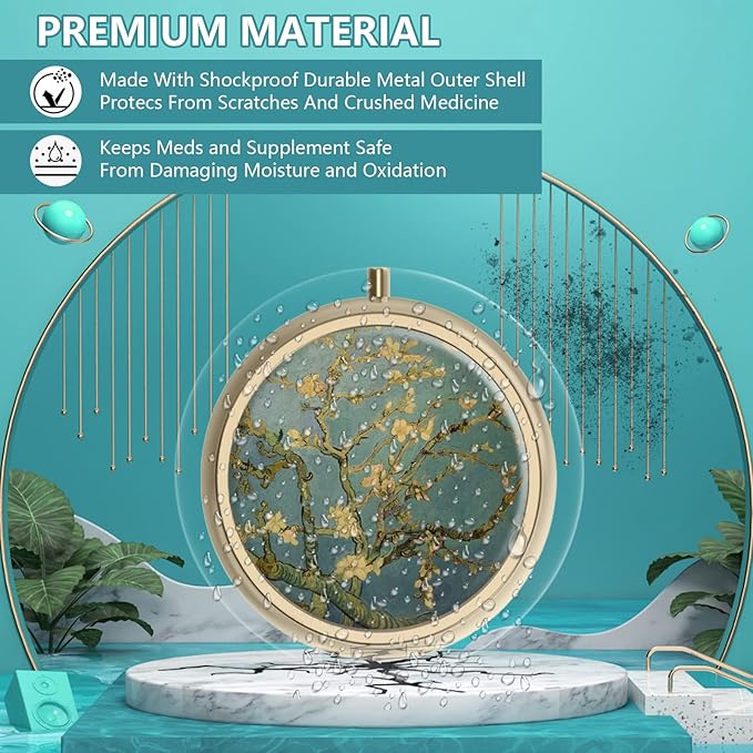 Pill Case Pill Box with Mirror Retro 3 Compartment Small Pill Case for Purse or Pocket Bronze Small Roud Pill Box or Vitamins, Fish Oil, Supplements, Pill Containe Travel Gifts（ Vangogh Art）