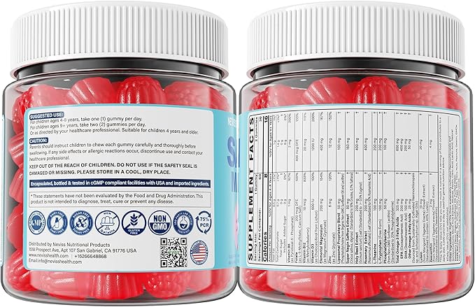 Saffron + Magnesium Glycinate+ Omega-3 - Calm Focus Gummies for Kids 4+, Saffron Extract Supplement with L-Theanine, Holy Basil, Rosemary, B6, B9, B12, D3 for Happy Mood, Cognition, ZZz, Sugar Free