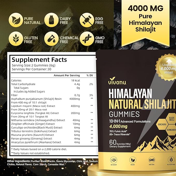 VivoNu Shilajit* Gummies,Pure Himalayan* micronutrient Supplement, Himalayan Premium Ingredient with Shilajit, Ashwagandha, Gokshura, Fulvic Acid & 85+ Trace Minerals I for Men & Women (4000MG/4 Bag)