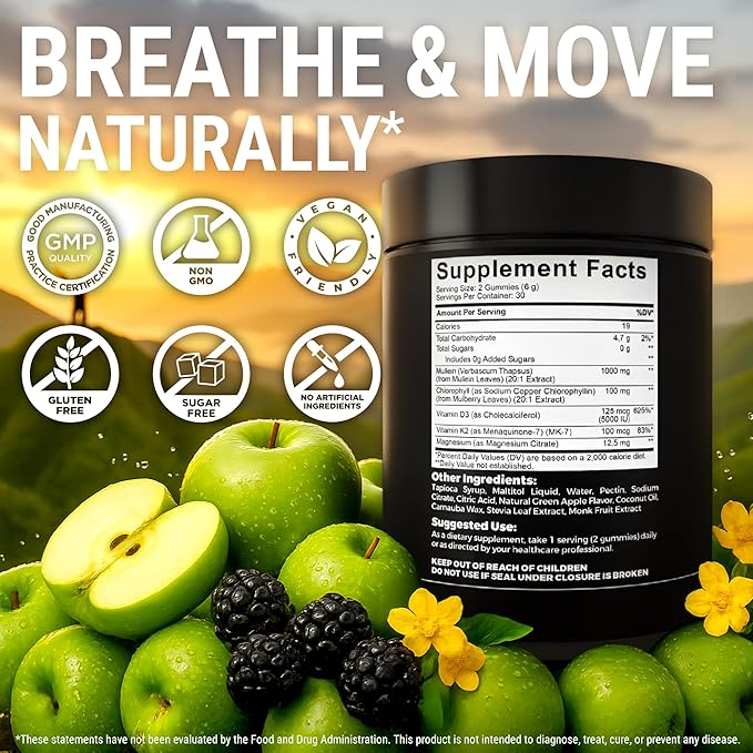 Mullein Gummies for Lung Support with Chlorophyll Magnesium, Vitamin D3 5000 IU & Vitamin K2 100 MCG - Mullein with Chlorophyll Gummies for Lung, Bone, & Immune Support – Vegan, Non-GMO, Gluten-Free