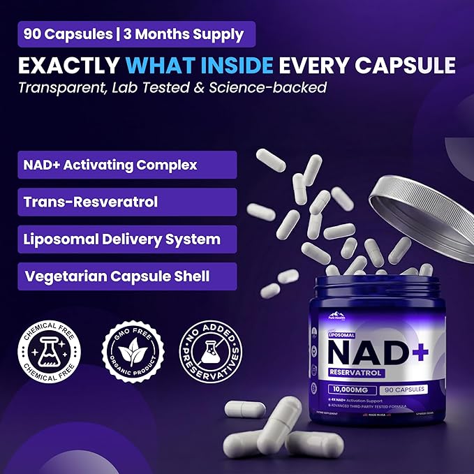 PURE HEALTH MAX PHM NAD Resveratrol Supplement - 10,000mg Extra Strength | NAD+ Liposomal Supplements for Men and Women | NMN & NMNH Alternative | 90 Capsules, 1.5 Months Supply