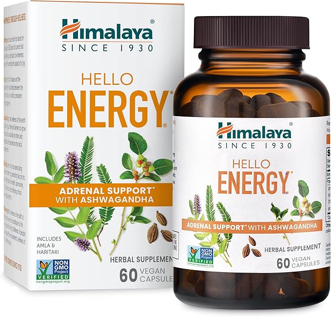 Himalaya Hello Energy Herbal Supplement with Ashwagandha, Amla, Haritaki, Daily Energy Support, Positivity, Metabolism, Caffeine Free, Gluten Free, Non-GMO, Vegan, 60 Capsules, 30 Day Supply