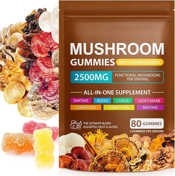 Mushroom Gummies for Adults,10x Mushroom Supplement,Energy, Focus, Mood & Cognitive Support,Vegan, Immune, Brain Support & Chill Mushroom Complex Gummy,80 Gummies