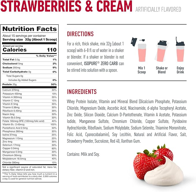 Isopure Zero Carb 100% Pure Whey Isolate Protein Powder, Gluten Free, With Vitamins, Strawberries & Cream, 25g Protein Per Serving, 1 Lb, 15 Servings (Packaging May Vary)