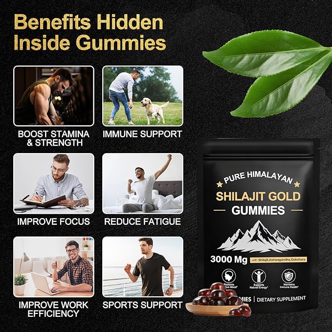 Himalayan Shilajit Gummies for Men & Women - No Added Sugar, 100% Natural & Organic with Ashwagandha, Gokshura, Fulvic Acid & 85+ Trace Minerals, Individually Wrapped, Non-GMO, 80 Gummy I Pouch
