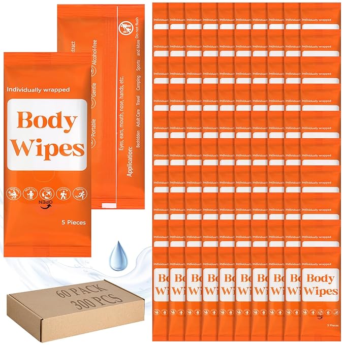 300 Pcs 60 Pack Body Wipes for Adults Bathing No Rinse Individually Wrapped Shower Wipes Washcloth with Aloe Cleansing Body Wash Cloths Disposable Bulk Deodorant Homeless(Orange Background)