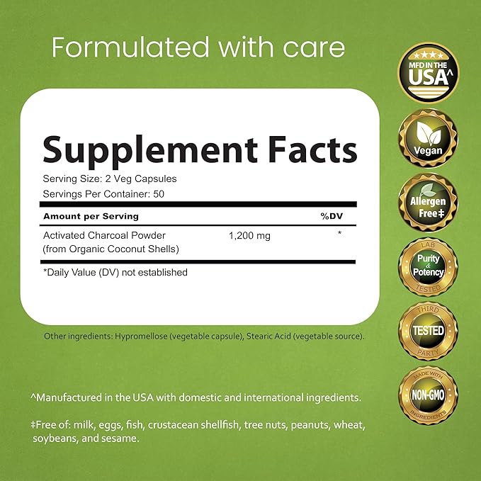 NaturaLife Labs Activated Charcoal 1200 mg per Serving – from Coconut Shells – 100 Veg Capsules – Non-GMO, Gluten-Free, Vegan