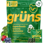Gruns Sugar-Free Super Greens Gummies, Multivitamin Superfood Gummy Bears, Spirulina, Chlorella, Prebiotics & Fiber gummies for Digestive Health, Adaptogens Supplement, 20 Vitamins & Minerals, 10 pack