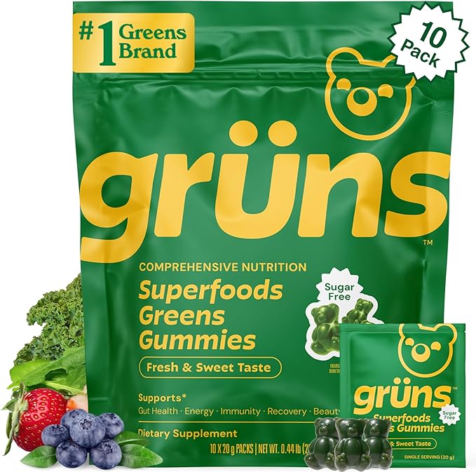Gruns Sugar-Free Super Greens Gummies, Multivitamin Superfood Gummy Bears, Spirulina, Chlorella, Prebiotics & Fiber gummies for Digestive Health, Adaptogens Supplement, 20 Vitamins & Minerals, 10 pack
