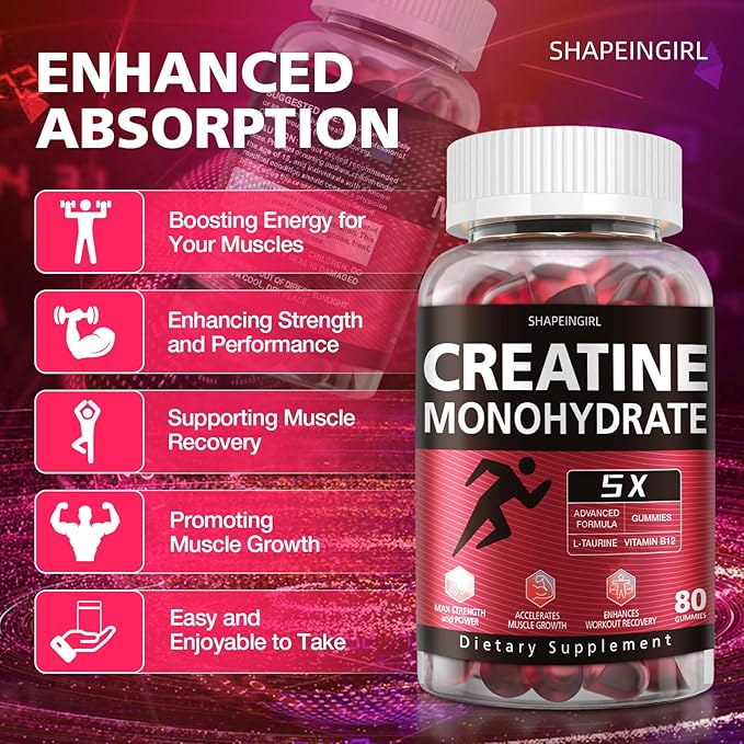Creatine Monohydrate Gummies - Clean Creatine for Women Men for Muscle Strength, Improving Endurance & Post Workout Recovery - Creatine Supplement - Raspberry Flavors (160 Gummies)