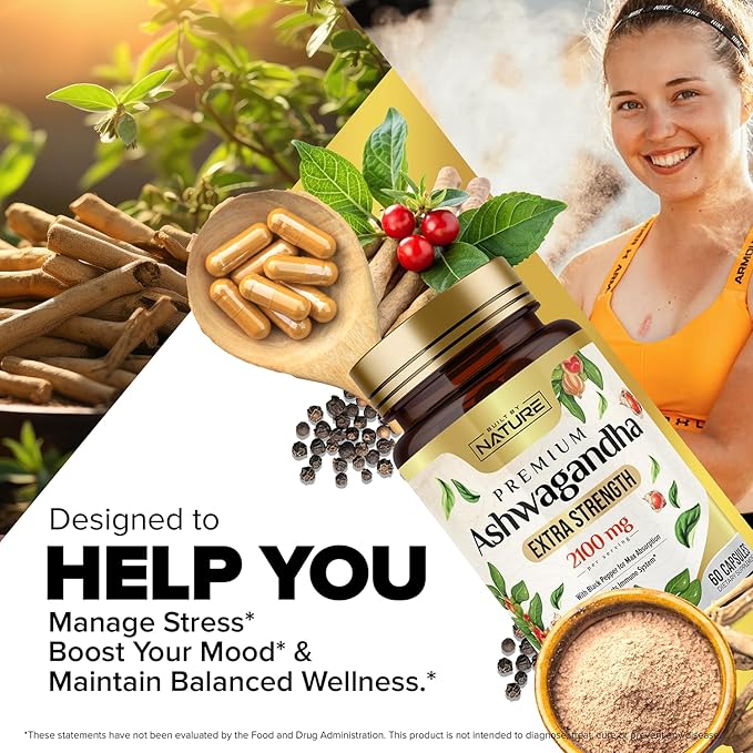Built by Nature Ashwagandha 2100mg Extra Strength Stress Relief & Mood Support with Black Pepper Extract for Max Absorption - Non-GMO, Vegan, Gluten-Free - 60 Capsules