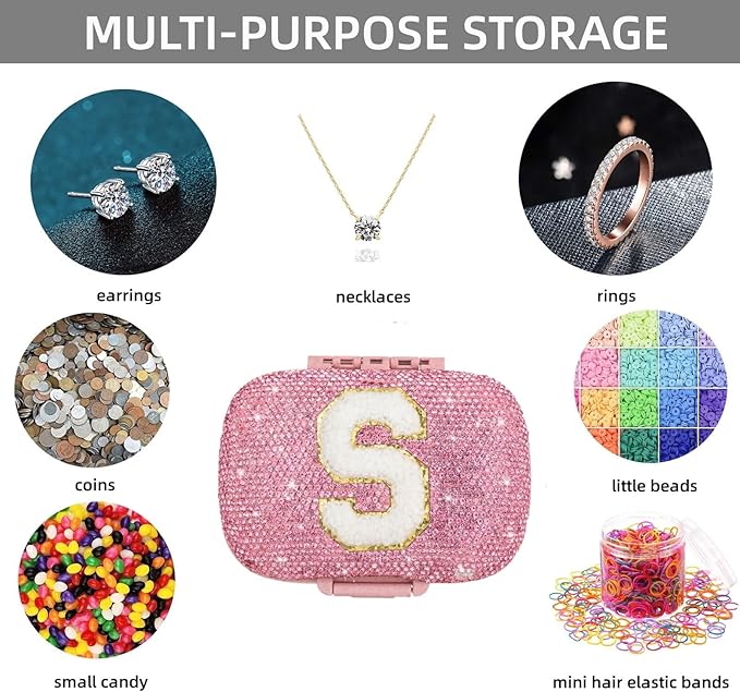 Cute Pill Organizer Small Bling Pill Case for Purse Medicine Vitamin Container Holder Daily Pill Box Container for Women Travel Medicine Kit(Letter S Pink)