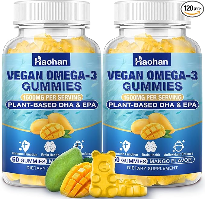Omega-3 Gummies for Adults, Orange Flavor – Sugar-Free, Algae-Derived DHA 600mg & EPA 300mg, with Vitamins A, C, E, Zinc, 120 Gummies