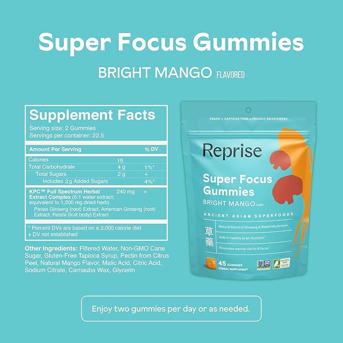 Focus Gummies for Adults | American & Korean Ginseng with Reishi Mushroom extracts | All Natural Gummies for Focus, Mood, and Energy | Mango Flavored | 45 Count